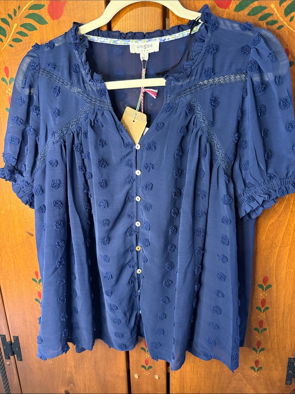 Umgee Blue Dot-Texture Button Front Blouse large NWT